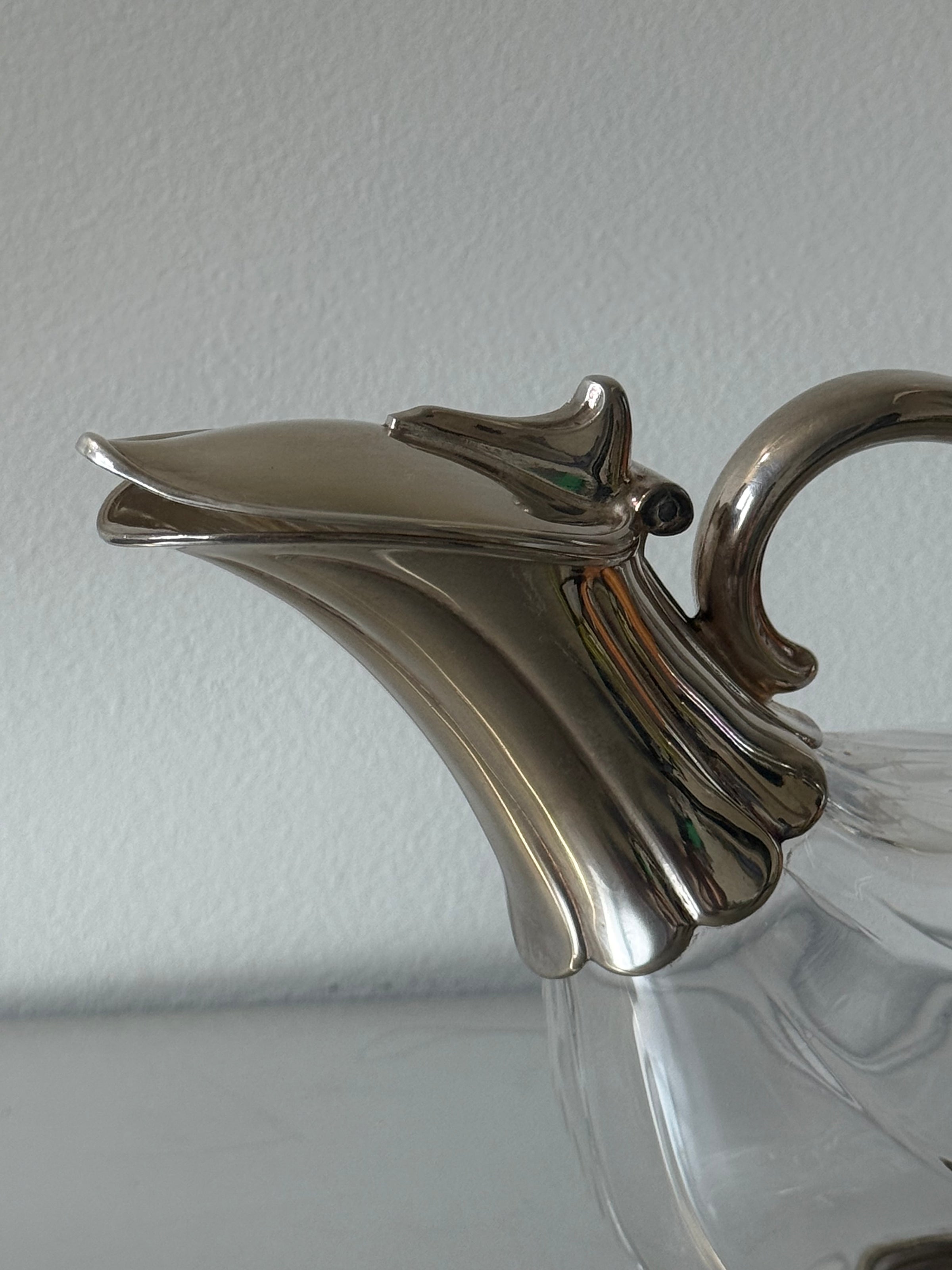 Vintage Italian Glass Silverplate Duck Swan Goose Decanter Pitcher