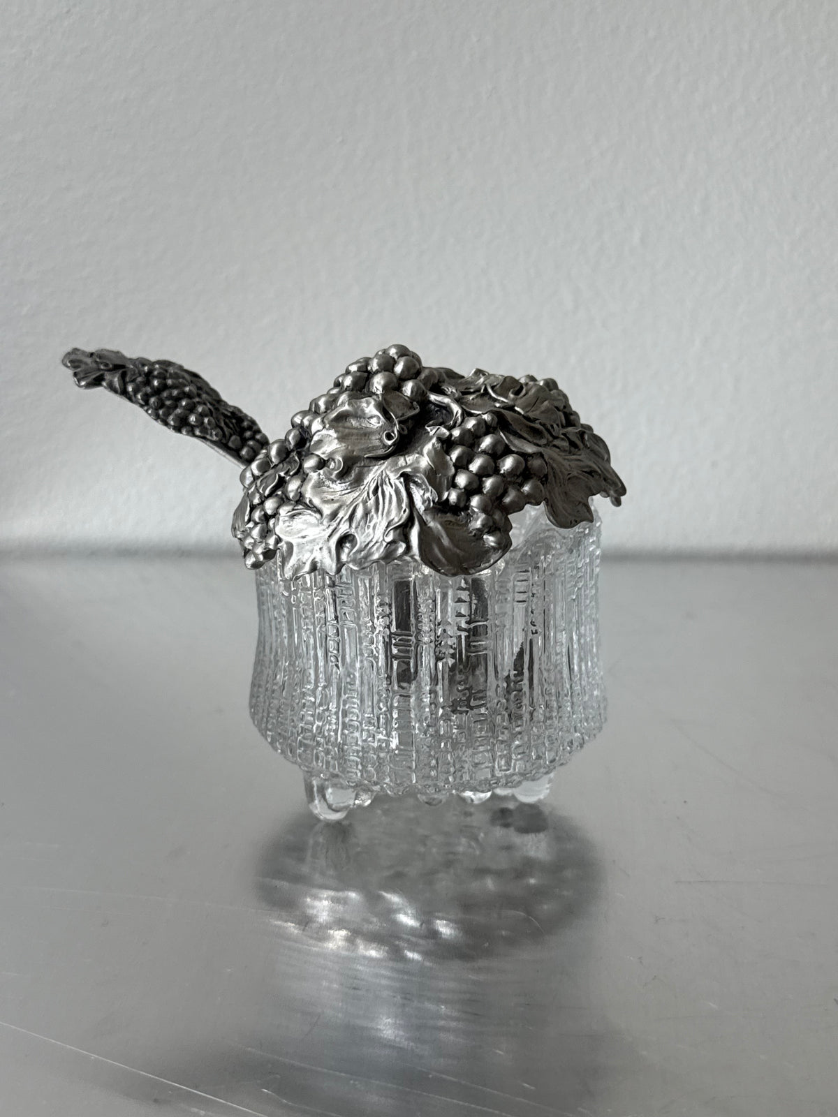 Vintage Grape Sugar Serving Jar Jar with Pewter Cover and Spoon