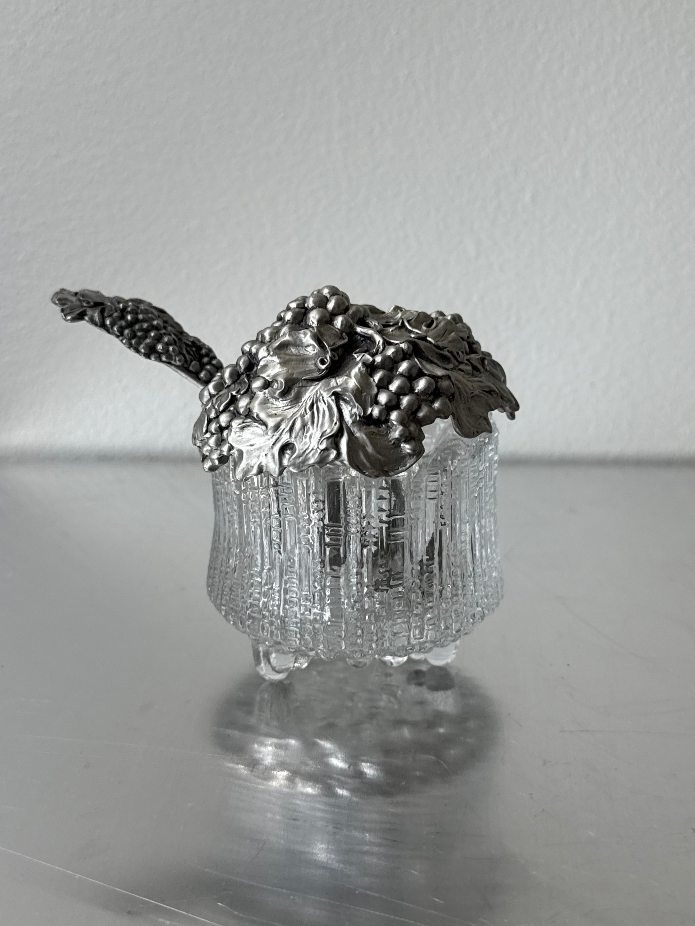 Vintage Grape Sugar Serving Jar Jar with Pewter Cover and Spoon