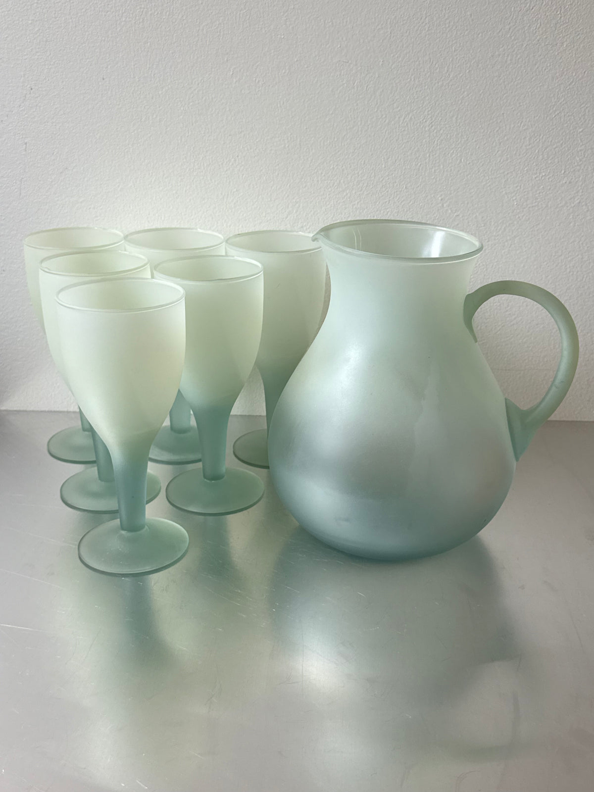Service Set Retro Blendo Frosted Aqua Blue Cocktails Glasses with Pitcher
