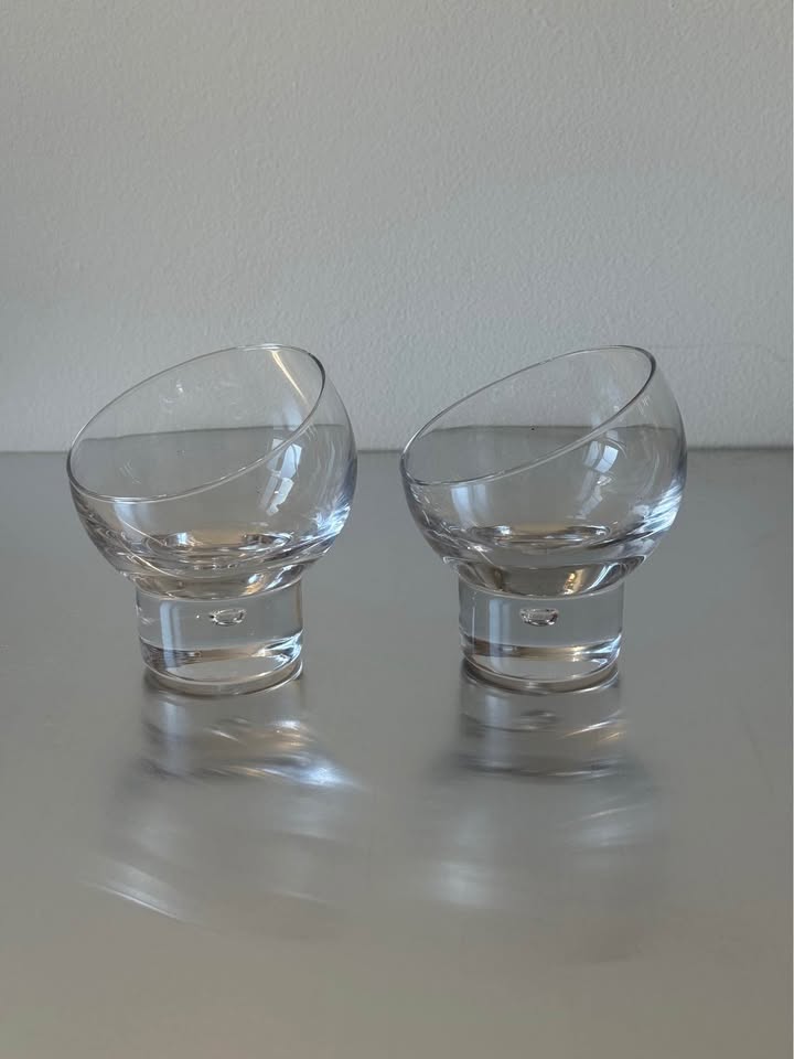 Set of 2 Rare Century Kosta Boda Rondo Clear Bubble Stem Angled Dessert Glasses