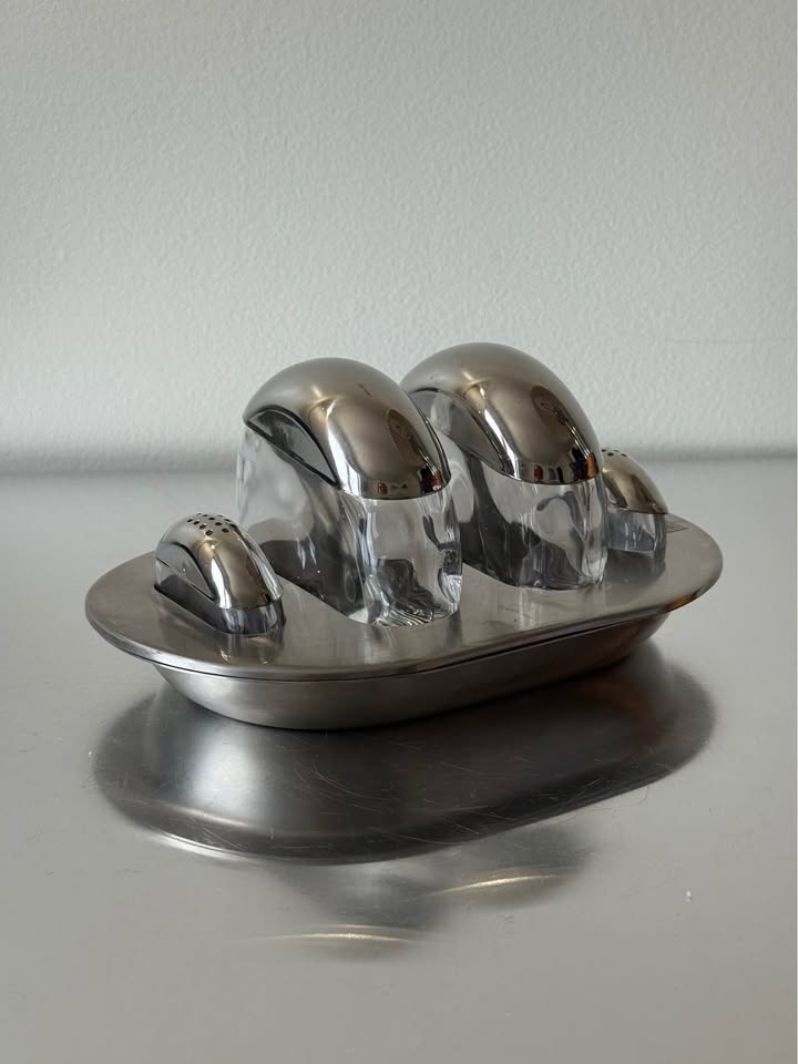 Vintage 1990s Italian Crystal Stainless Condiment Set for Gottinghen