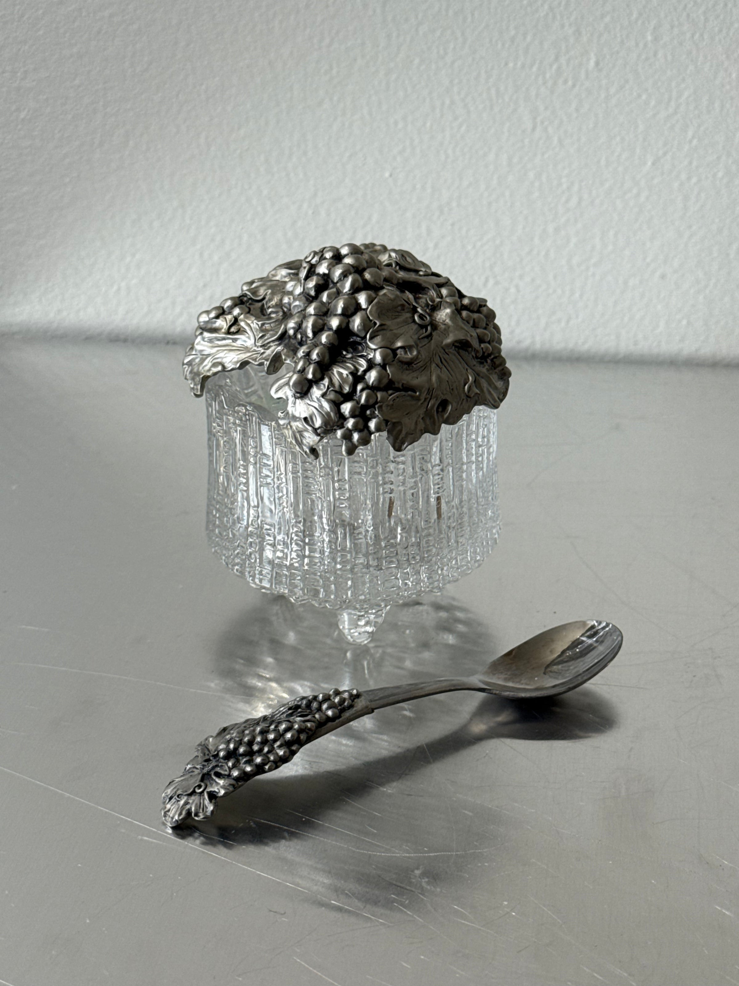 Vintage Grape Sugar Serving Jar Jar with Pewter Cover and Spoon