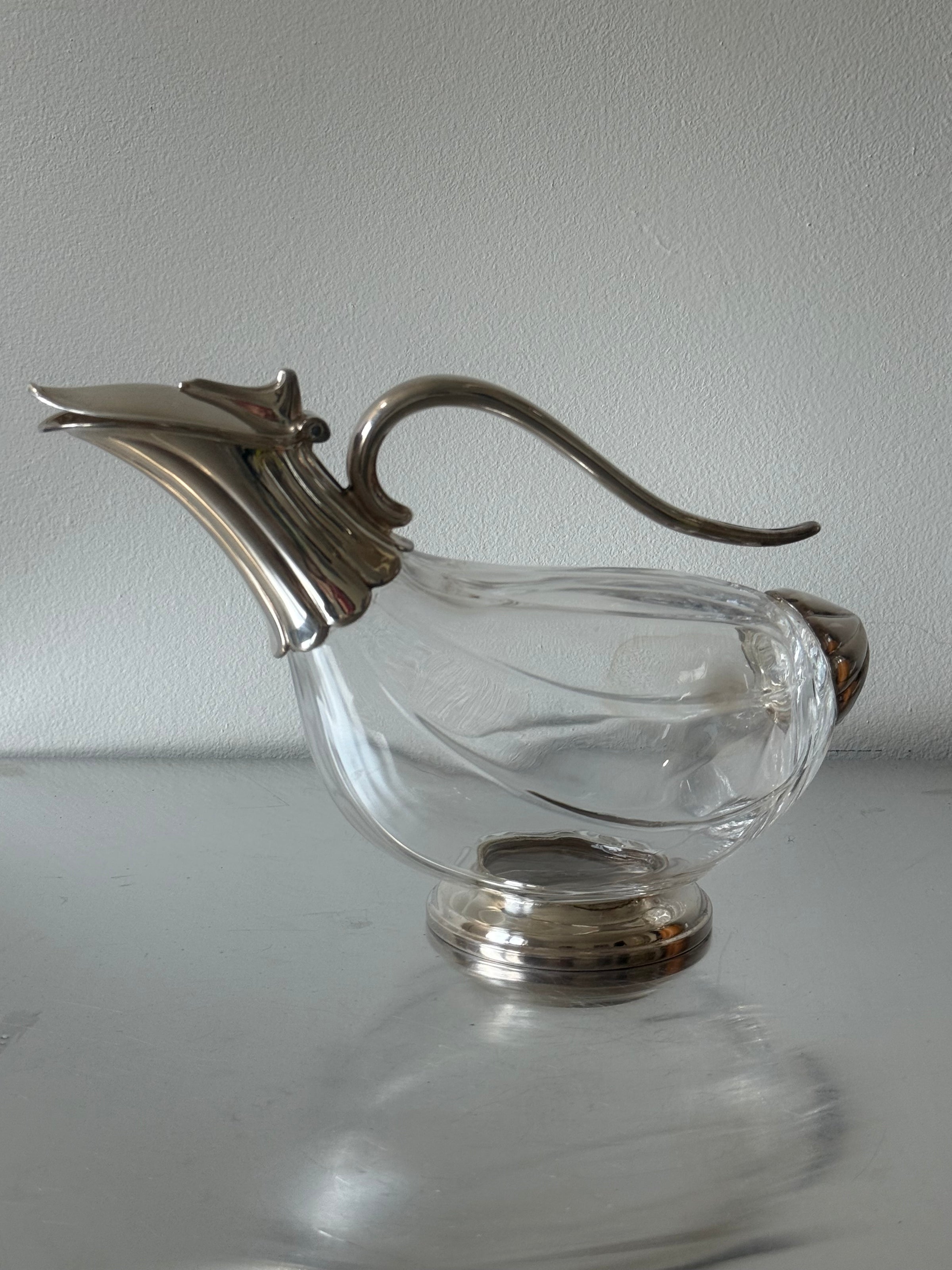 Vintage Italian Glass Silverplate Duck Swan Goose Decanter Pitcher