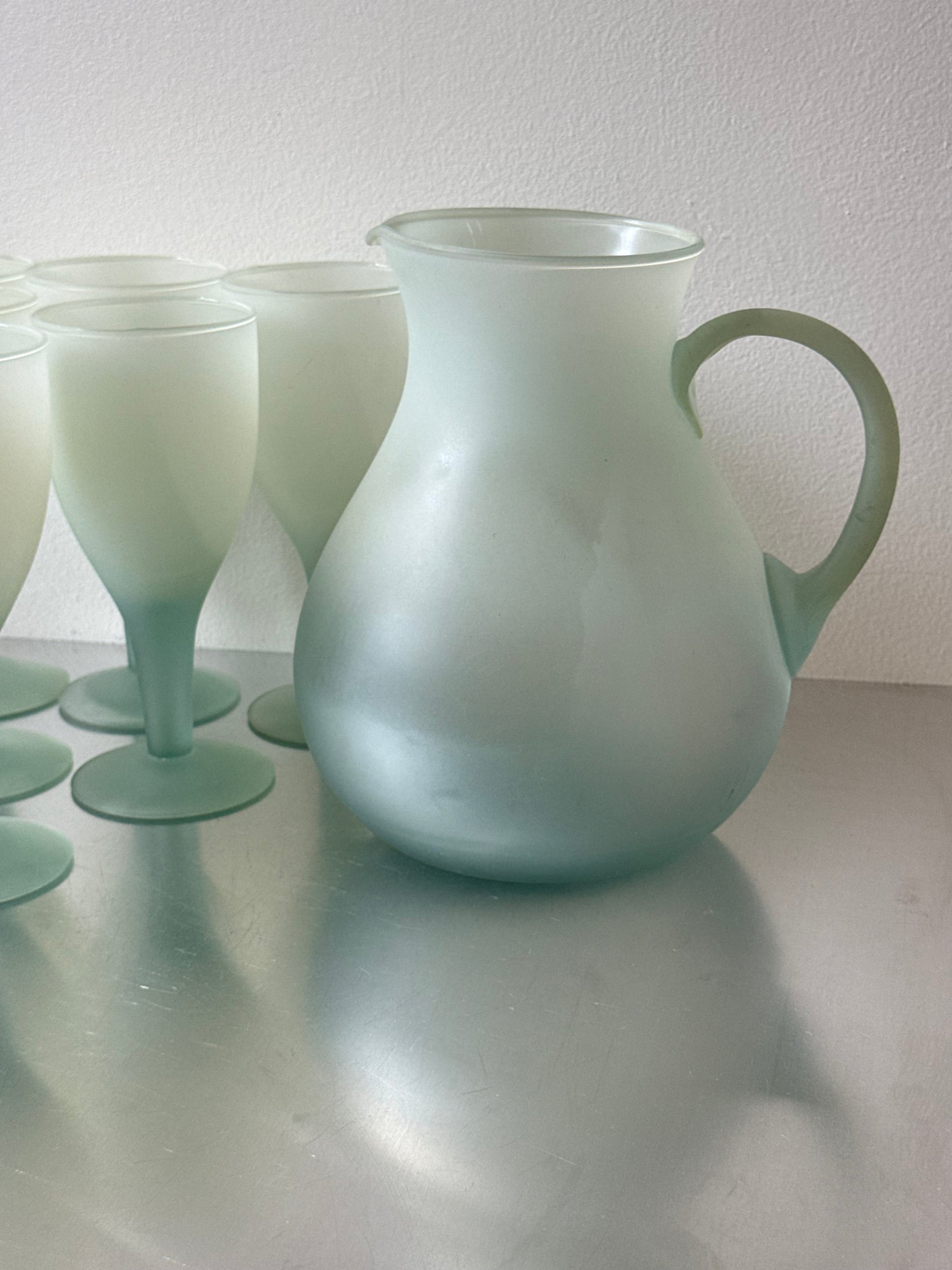 Service Set Retro Blendo Frosted Aqua Blue Cocktails Glasses with Pitcher