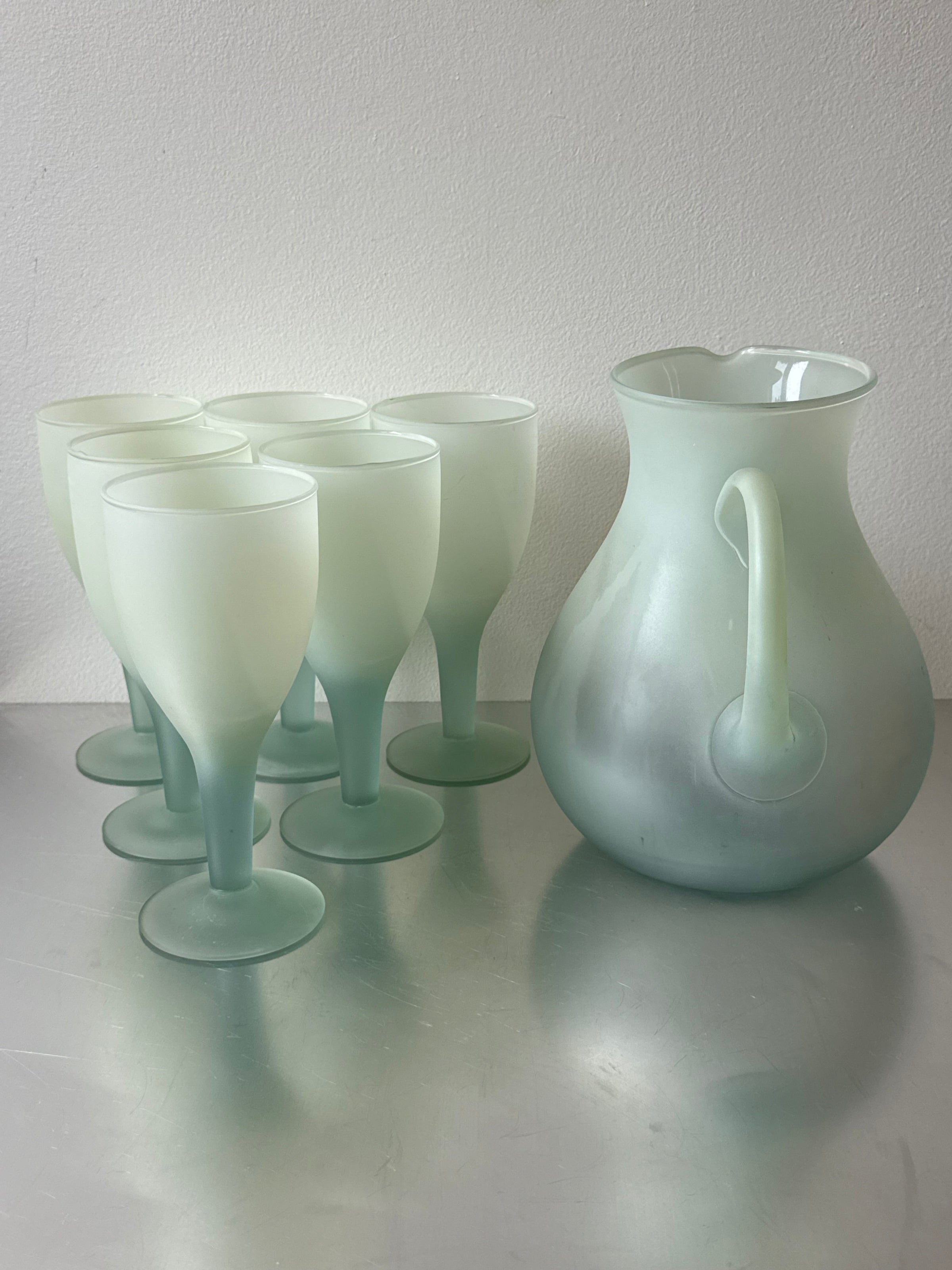 Service Set Retro Blendo Frosted Aqua Blue Cocktails Glasses with Pitcher
